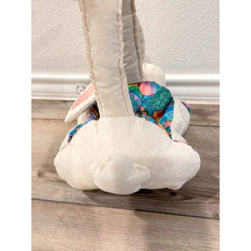 Vintage Plush Easter Bunny Basket Quilted Fabric Cream Multi Color Bow Tie